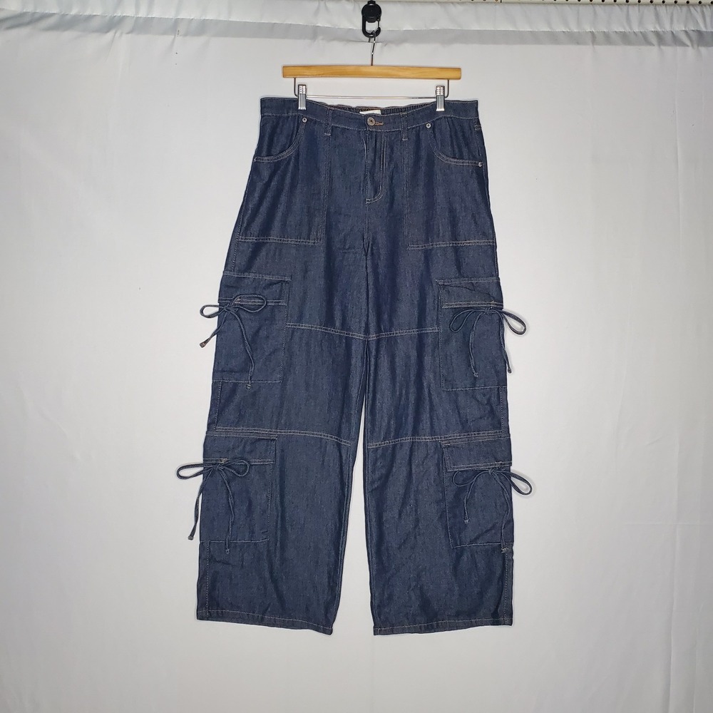 Vanilla Star Wide Leg Cargo Pants Women Large Dark Indigo Bow Tie Indie Grunge